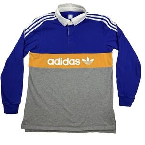 Mens Adidas Shirt Long Sleeve Rugby Trefoil Spell Out Casual Athletic Blue Y2K M